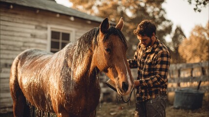 Young man grooming a horse in his small farm s backyard
