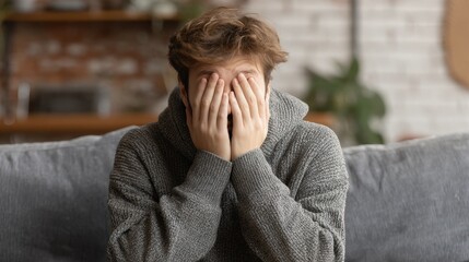 Young man on sofa head in hands feeling despair seeing therapist receiving bad news or diagnosis