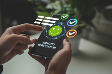Businessman using smartphone for identity verification with facial recognition interface, representing digital security, personal data protection, and secure access in modern technology