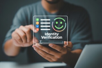 Businessman using smartphone for identity verification with facial recognition interface, representing digital security, personal data protection, and secure access in modern technology