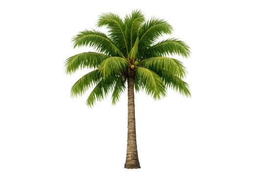 Coconut palm tree with green fronds and young coconuts, tropical plant on a transparent background for design elements