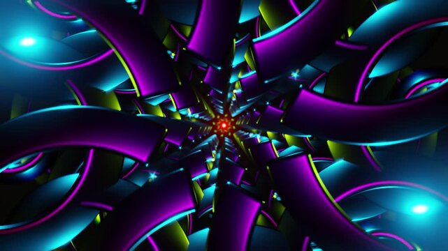 Abstract neon kaleidoscope tunnel with glowing ribbons and futuristic vortex