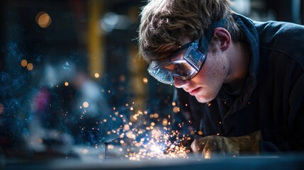 Youth wearing safety goggles welding in a workshop