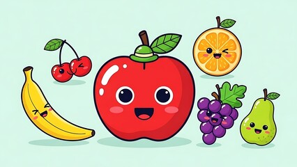 Colorful cartoon fruits with smiling faces.