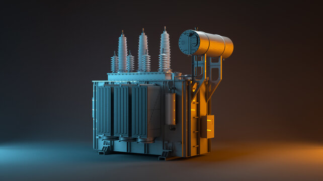 Power transformer with conservator tank on dark background 3d render. Dramatic teal and orange neon lighting for industrial, energy or electrical engineering project visual