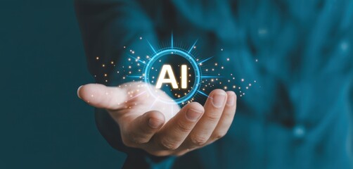 Businessman using laptop and smartphone with futuristic AI interface. Concept of artificial intelligence, AI assistant, machine learning, generative AI tools, automation, and tech innovation.