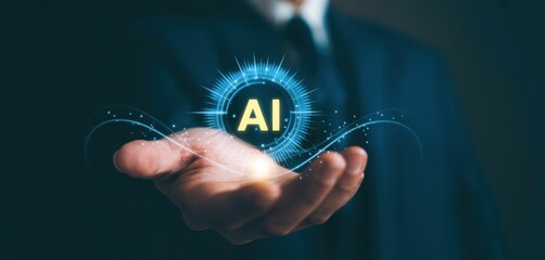 Businessman using laptop and smartphone with futuristic AI interface. Concept of artificial intelligence, AI assistant, machine learning, generative AI tools, automation, and tech innovation.