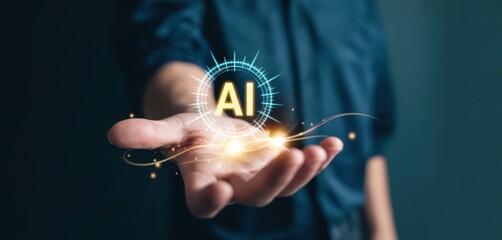 Businessman using laptop and smartphone with futuristic AI interface. Concept of artificial intelligence, AI assistant, machine learning, generative AI tools, automation, and tech innovation.