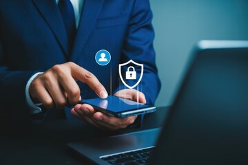 Secure login authentication on mobile device and laptop with digital padlock icon, representing online privacy, user access control, data protection, and cybersecurity technology.