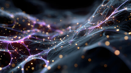 Abstract digital network with glowing nodes and lines on dark background. Ideal for themes of AI, big data, cybersecurity, communication, and futuristic technology.