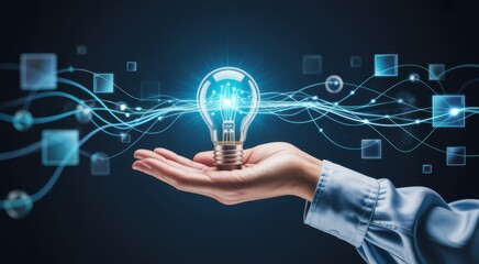 Hand holding a glowing light bulb with digital brain and data flow interface, symbolizing artificial intelligence, big data innovation, creative technology, and futuristic digital transformation.
