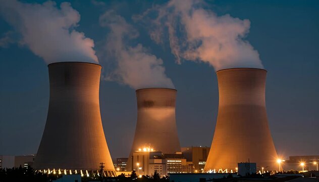 Industrial cooling towers emitting steam at dusk industrial power plant scene power generation facility.