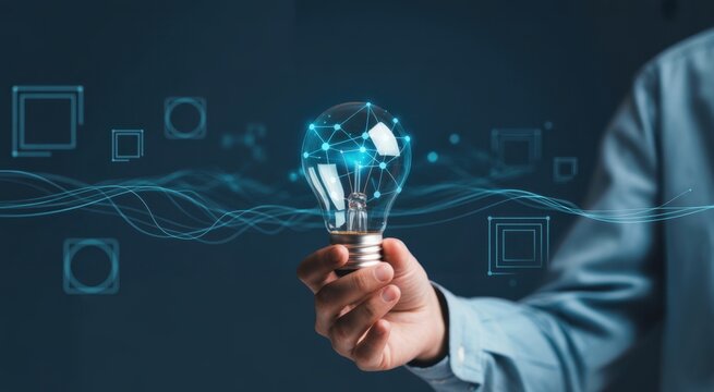 Hand holding a glowing light bulb with digital brain and data flow interface, symbolizing artificial intelligence, big data innovation, creative technology, and futuristic digital transformation. - Powered by Adobe