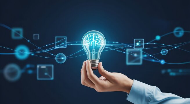 Hand holding a glowing light bulb with digital brain and data flow interface, symbolizing artificial intelligence, big data innovation, creative technology, and futuristic digital transformation. - Powered by Adobe