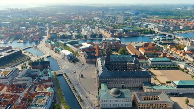 Copenhagen, Denmark. Christiansborg Danish Christiansborg Slot is  Danish royal palace since 1740. The building of Danish parliament Folketing. Located in old part of Copenhagen. Drone footage, Point