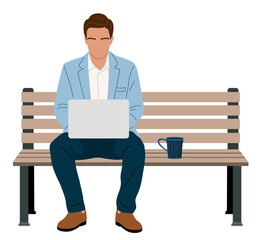Clean minimalist illustration of a business man working on a laptop while sitting on a park bench with coffee, representing casual outdoor remote work. Vector isolated on transparent background