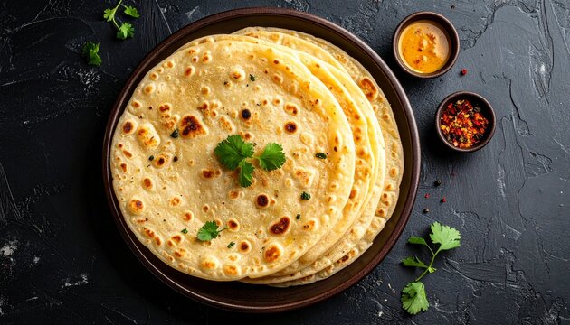 Kottu roti styled neatly without utensils, overhead shot, rich texture, dark background, no people, no text