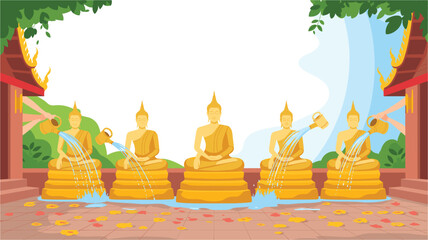 A vector graphic illustration of golden Buddha statues being poured with water in a serene outdoor setting