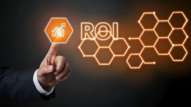 A hand pointing at the Return on Investment (ROI) button for the concept of business profitability.