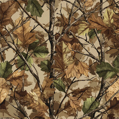 Realistic forest camouflage. Seamless pattern. tree, branches and leaves. Useable for hunting and military purposes.