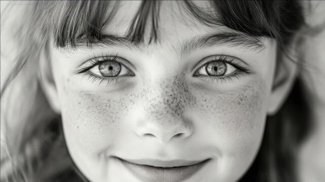 Portrait of smiling young girl with freckles and sparkling eyes.