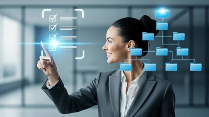 A businesswoman is using a virtual user interface for the concept of technology and management. - Powered by Adobe