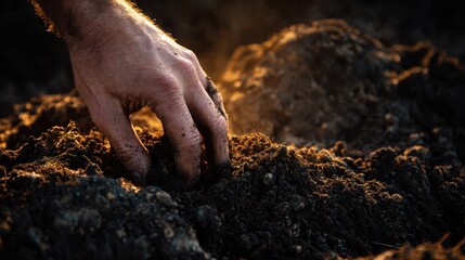 A hand is digging dirt into a pile
