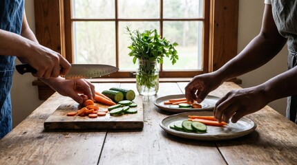 Diverse hands preparing fresh vegetables together on wooden table, authentic connection moment
