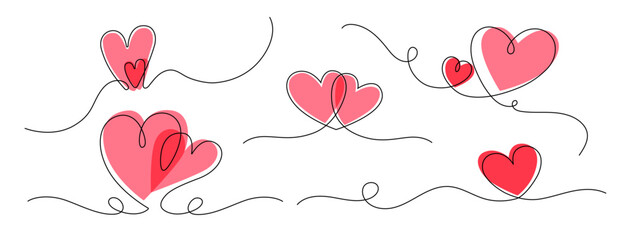Set of hand drawn one line hearts with pink and red fills, minimal romantic doodle elements with flowing lines, perfect for Valentine designs, cards, posters, stickers and love themes.