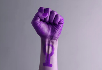 Purple fist with female symbol painted on arm hand