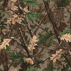 Forest camouflage. Tree branches, leaves, Pattern for clothing, various products. Hunting camouflage seamless pattern background