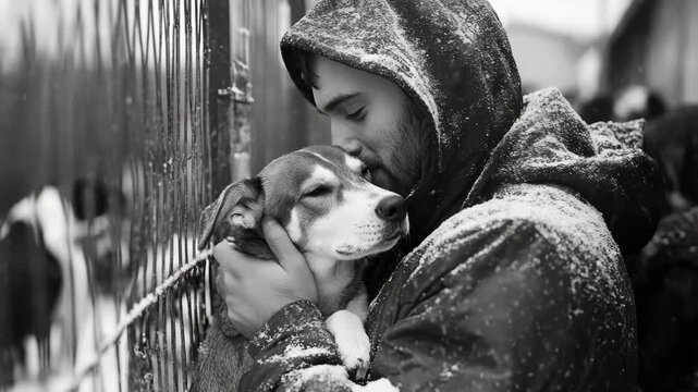 A tender moment of affection between a man and his dog in the midst of a snowy weather, with love and warmth despite the cold.