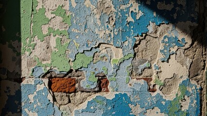 Close-up of weathered wall with peeling paint in blue, green, and exposed brick