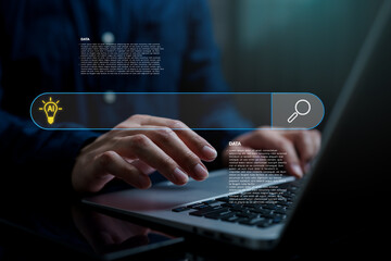 Hands typing on laptop with AI search bar interface and data overlays, representing artificial intelligence search, smart information retrieval, machine learning assistance and digital technology.