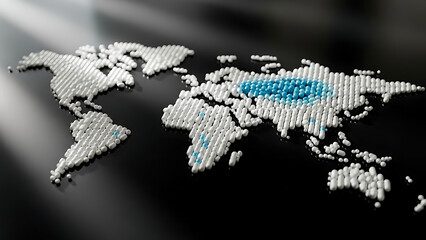 Digital world map with glowing continents and binary code on a black background representing global technology and connectivity