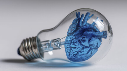 A light bulb features an intricate blue illustration of a human heart within its glass structure. This design merges elements of biology and technology, presenting a unique visual concept