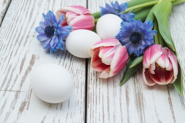 チューリップとデルフィニウムなど春の花の背景 
