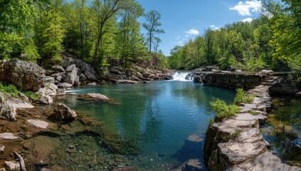 Serene river flowing through a rocky gorge. Lush green trees line the banks