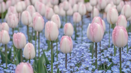 ピンクのチューリップとネモフィラの花畑 
