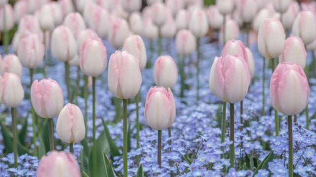 ピンクのチューリップとネモフィラの花畑 
