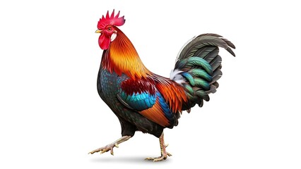 Majestic Colorful Rooster Striding Confidently Isolated on White Background. Detailed Digital Illustration of a Vibrant Cockerel with Iridescent Feathers, Perfect for Farm Themes and Mascot Projects.