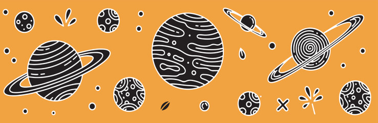 Stylized illustration of planets and celestial bodies in outer space against an orange background. © Riki