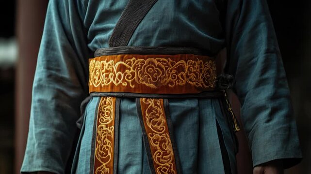 Japanese warrior garment, blue with gold patterns and belt
