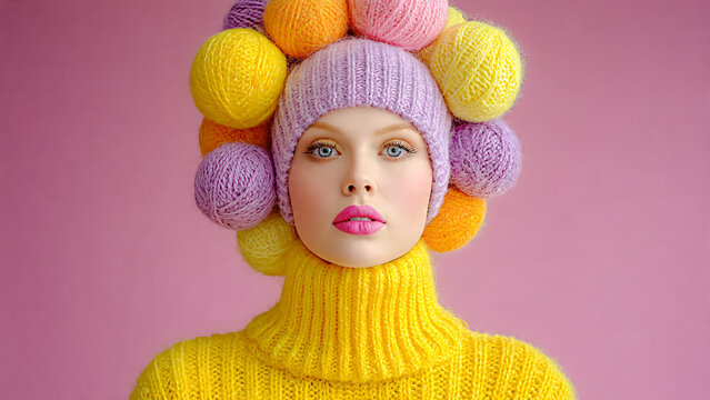 Portrait de femme portant un bonnet avec des pelotes de laine