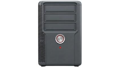 Gray computer tower with three drive bays and a circular power button