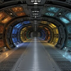 A futuristic metallic tunnel illuminated by glowing panels of different colors, evoking the feel of an interstellar spacecraft passageway.