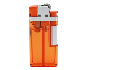 An orange and silver, transparent lighter. The lighter's fuel tank is full. Half the image is a solid black background