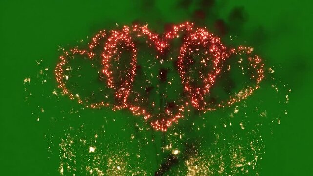 Heart Fireworks Display on Green Screen Background for Celebrations.