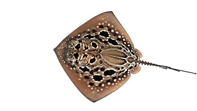 Exotic Spotted Stingray Isolated on Pure White Background - High-Detail Marine Life Close-up Showcasing Unique Leopard Pattern, Perfect for Aquarium, Wildlife, and Educational Projects.
