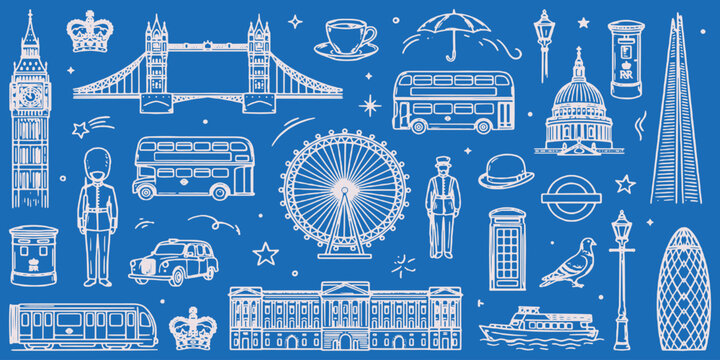 Collection of iconic London landmarks and symbols in a blueprint style on a blue background.